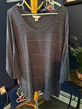 CJ Banks Charcoal Gray Long-Sleeve Scoop Neck Top with Stud Stripes